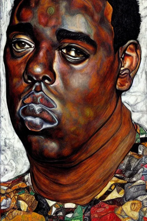 Prompt: a full body portrait of notorious b. i. g. in style of egon schiele, herakut and gustav klimt, masterpiece, hyperdetailed, complex, intricate, 4 k, trending on artstation