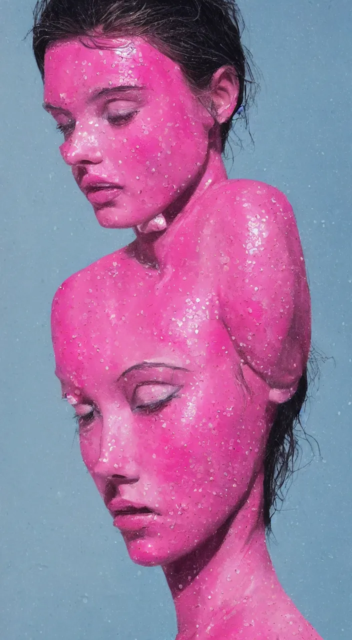 Prompt: dripping pink paint on the figure of a human woman, realistic, with high detail, on a white background,