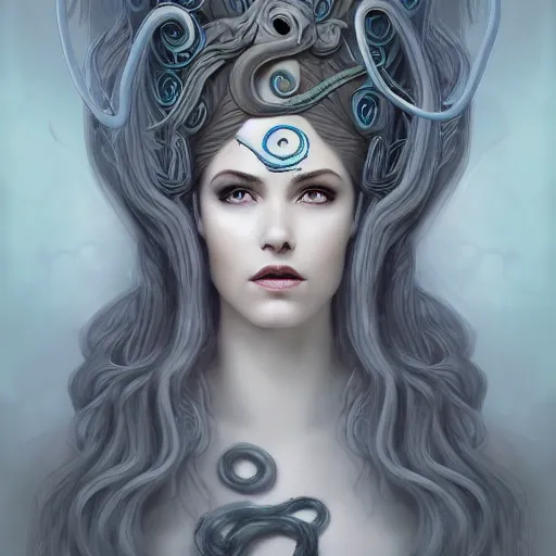 Image similar to character concept portrait of a beautiful woman with pale full face, medusa, snakes for hair, blue / grey eyes, intricate, elegant, digital painting, art nouveau, smooth, focus, rim light