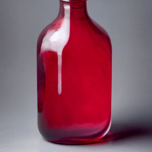 Image similar to a bottle filled with opaque, red slime and eyes