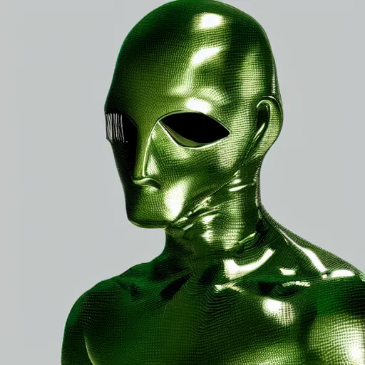 Image similar to man wearing a metal mask with thin green tubes all over his body hyperdetailed, realistic, high - resolution illustration that slightly looks like a comic character