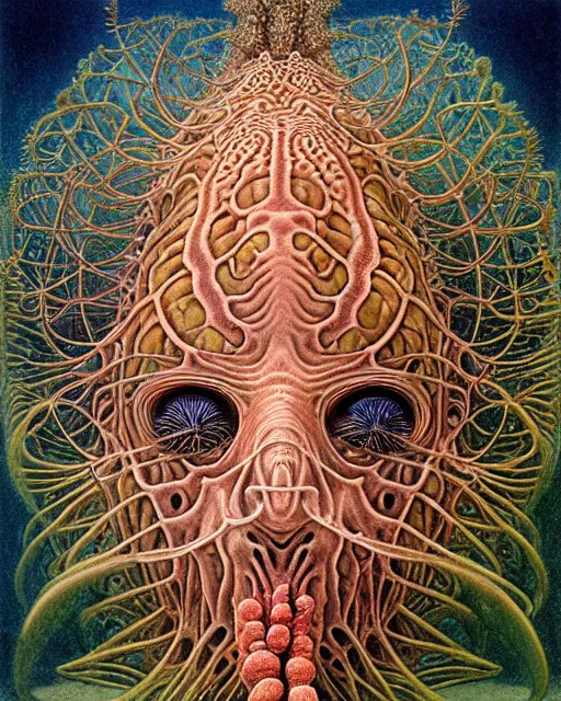 Image similar to realistic detailed underwater face portrait of the beautiful young god of the fish of the fractal waters with an intricate headgear of corals, sea kelp, sea plants, fish, starfish, jellyfish, art by ernst haeckel, zdzisław beksinski, hieronymus bosch, gothic, neo - gothic, ornamental, beautiful deep colours,