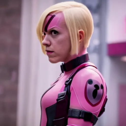 Image similar to A still of Gwenpool in Deadpool 3 (2023), no mask, blonde hair with pink highlights