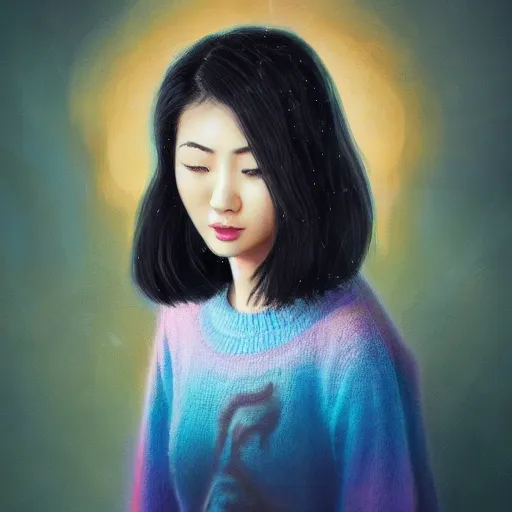 Prompt: young asian woman with flowing hair dressed in a comfortable sweater, rendered in octane, photorealism, by Ansel Adams David Suh Lisa Frank Peter Mohrbacher Artgerm