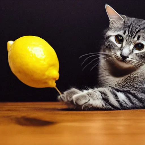 Prompt: a cat eating a lemon