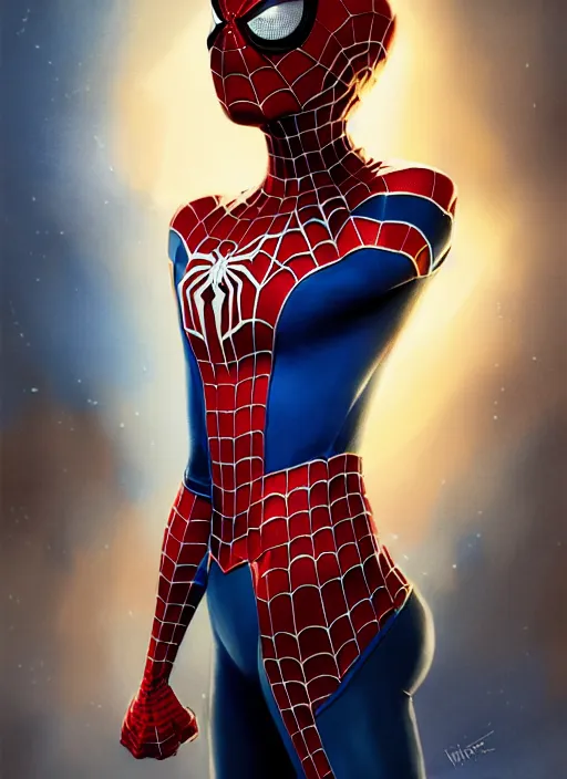 Prompt: portrait of mayday parker spider - girl, brown hair, blue eyes, spider - man costume, intricate, elegant, glowing lights, highly detailed, digital painting, artstation, concept art, smooth, sharp focus, illustration, art by wlop, mars ravelo and greg rutkowski