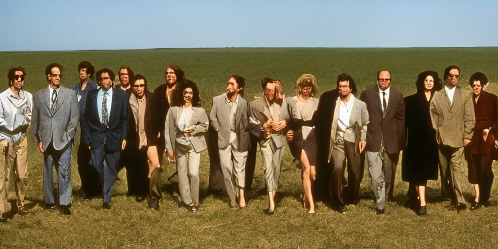 Image similar to the main cast of seinfeld in the distance in a wide open field, photograph by andrei tarkovsky