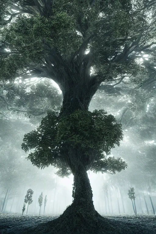 Image similar to the tree of life by tyler edline and disney. hyperdetailed, realistic, artststion, unreal engine, octane render, night, raining, dark, volumetric lights, 8 k, 4 k