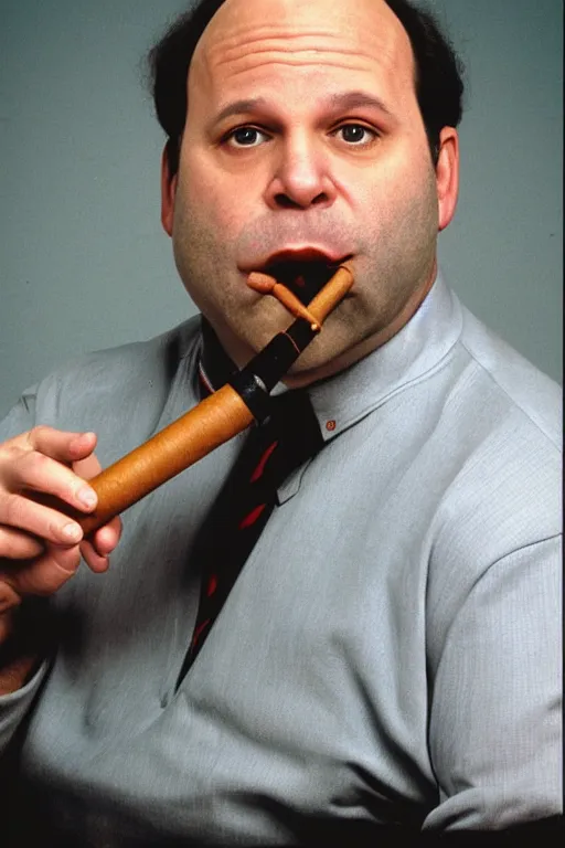 Image similar to portrait photo of george constanza, jason alexander!!, smoking a pipe, atmospheric