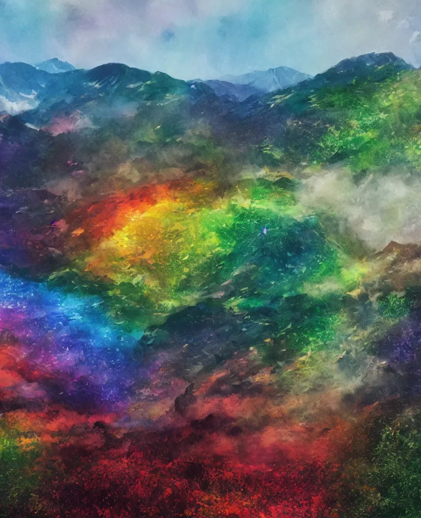 Prompt: enormously detailed hd photo of three parallel rainbows at horizon, landscape with mountains and flowers, concept art, high quality painting, 8K detail post-processing