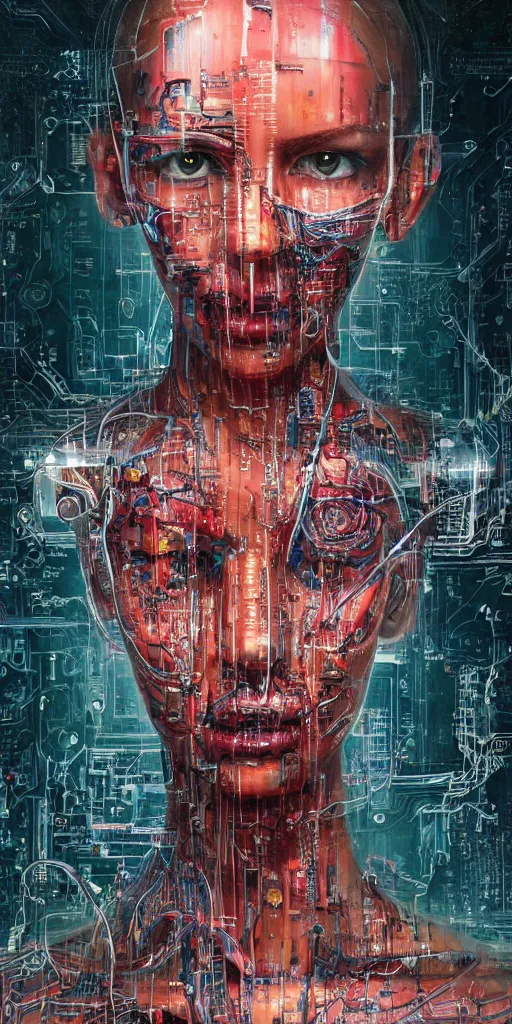 Image similar to portrait of computer & circuits, melting, soldier, 8 k, by tristan eaton, stanley artgermm, tom bagshaw, greg rutkowski, carne griffiths, ayami kojima, beksinski, giger, trending on deviantart, face enhance, hyper detailed, minimalist, cybernetic, android, blade runner, full of colour, super detailed