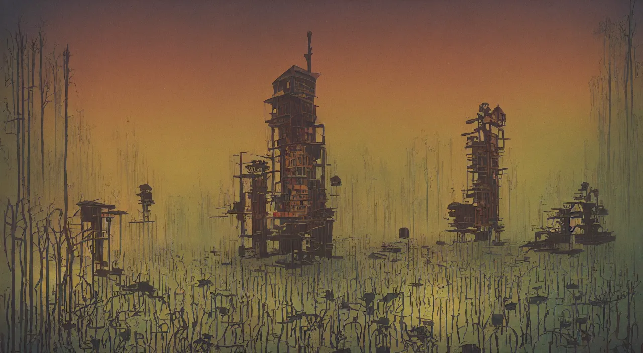 Prompt: single flooded simple wooden tower, very coherent and colorful high contrast ultradetailed photorealistic masterpiece by dan mcpharlin casey weldon simon stalenhag, dark shadows, sunny day, hard lighting