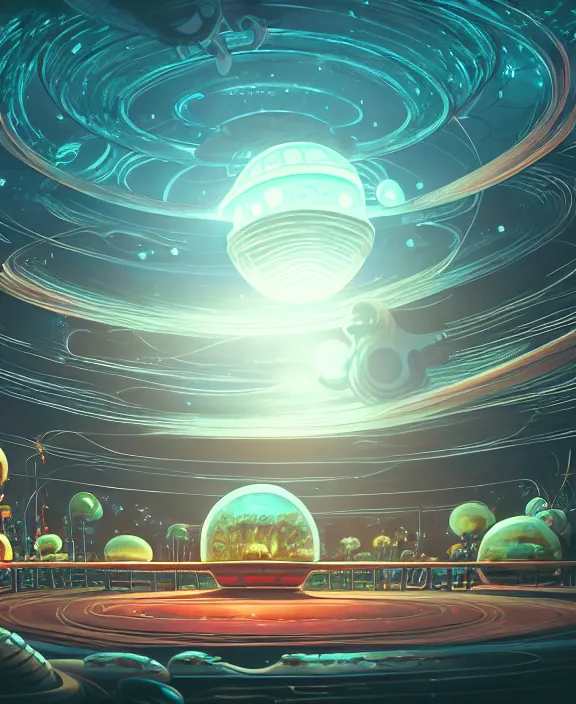 Image similar to simplicity, an amusement park made out of alien creatures, biological, in the style of a round spaceship, surrounded by auras, by dan mumford, yusuke murata, makoto shinkai, ross tran, cinematic, unreal engine, cel shaded, featured on artstation, pixiv