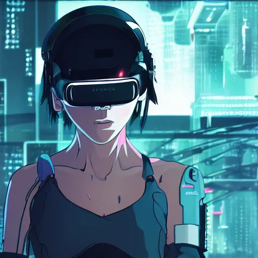 Image similar to a portrait of a female space pirate wearing vr headset and cyber military helmet, cyberpunk aesthetic, ghost in the shell style, akira, Studio Ghibli, manga art