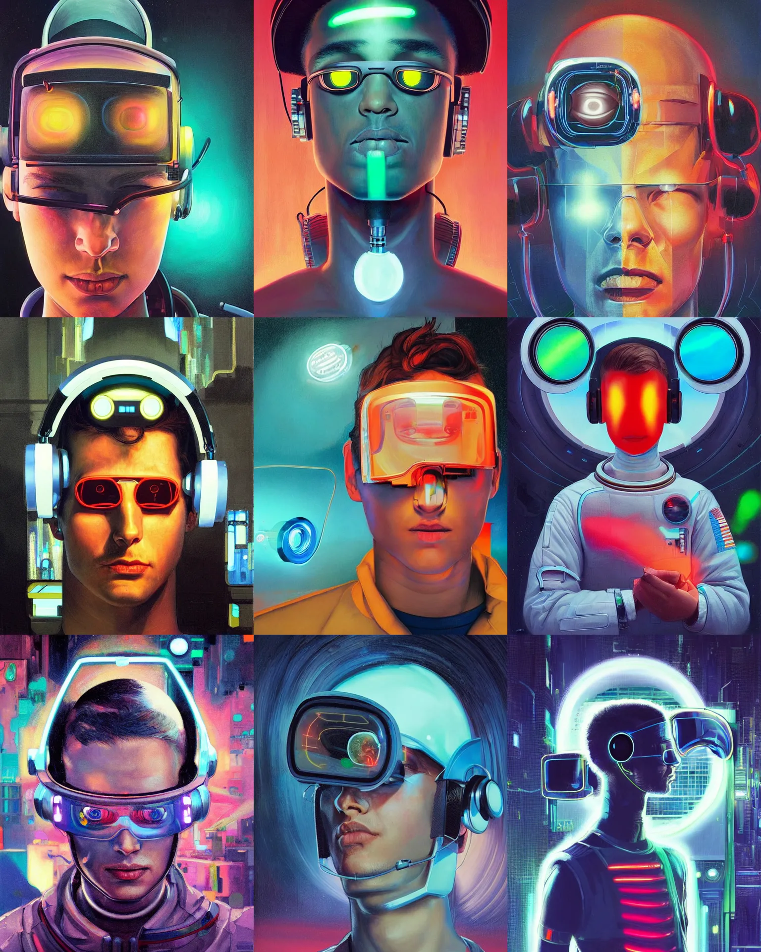 Prompt: future coder man looking on, sleek cyclops display over eyes and sleek bright headphoneset, neon accent lights, desaturated headshot portrait painting by dean cornwall, rhads, john berkey, egon schiele tom whalen, alex grey, donoto giancola, astronaut cyberpunk electric fashion photography