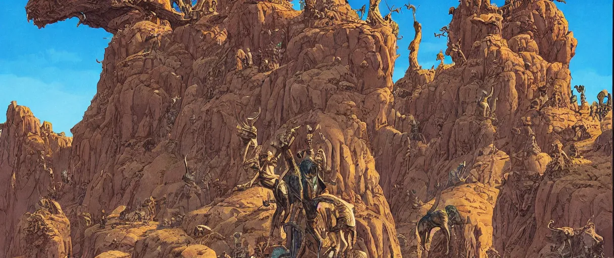 Prompt: A beautiful illustration of anthropomorphic Feline warriors statues carved in cliffsides by Robert McCall and Ralph McQuarrie | sparth:.1 | Graphic Novel, Visual Novel, Colored Pencil, Comic Book:.2 | unreal engine:.5 | establishing shot