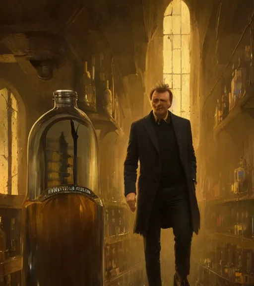 Image similar to liam neeson in a gin bottle. magical atmosphere. art by greg rutkowski. lifelike. very detailed 8 k. intricate. soft light. nikon d 8 5 0.