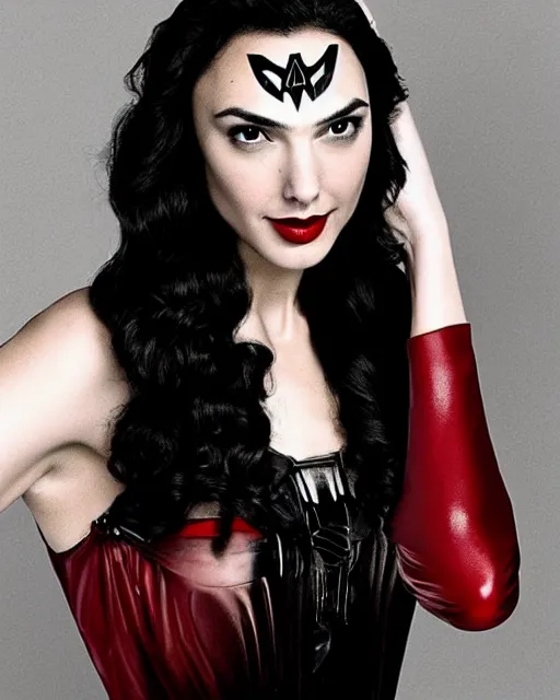 Prompt: Gal Gadot dressed as Morticia Adams, she has beautiful alabaster white skin, and Ruby red Lips, she is in a creepy Victorian era mansion