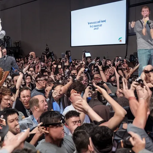 Prompt: mark zuckerberg standing on a podium, looking over a crowd of civilians who are wearing VR headsets