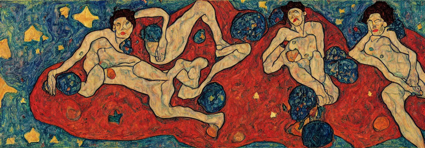 Prompt: an oil painting of two aliens lounging on a blanket made of stars, in the style of egon schiele