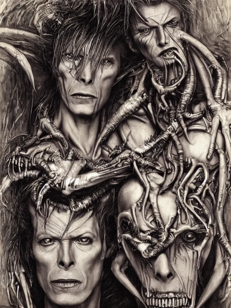 Prompt: a beautiful portrait of david bowie with a xenomorph alien queen by h.r. giger and by arthur rackham, detailed, proportional, trending on art station, 4k