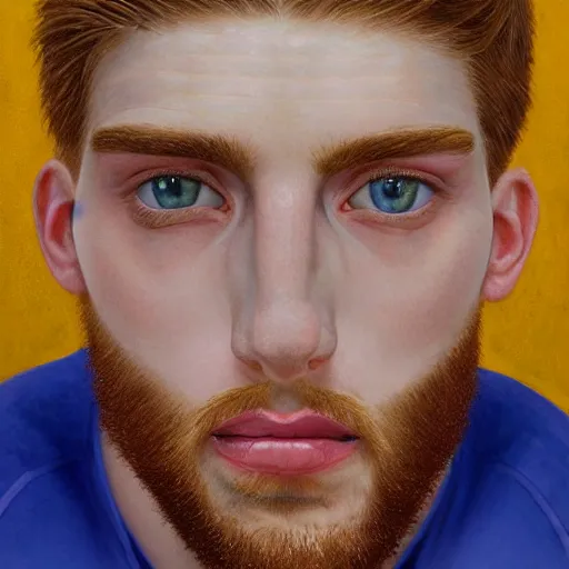 Image similar to 2 4 - year - old man, masculine face, hyper masculine features, tall, extremely pale skin, square jaw, ginger hair, beard, square face, big round sapphire blue eyes, hyper realistic face, beautiful eyes, highly detailed, digital painting, smooth, sharp, strong face, expressive eyes, medium long wavy ginger hair, art by greg rutkowski and alex gray