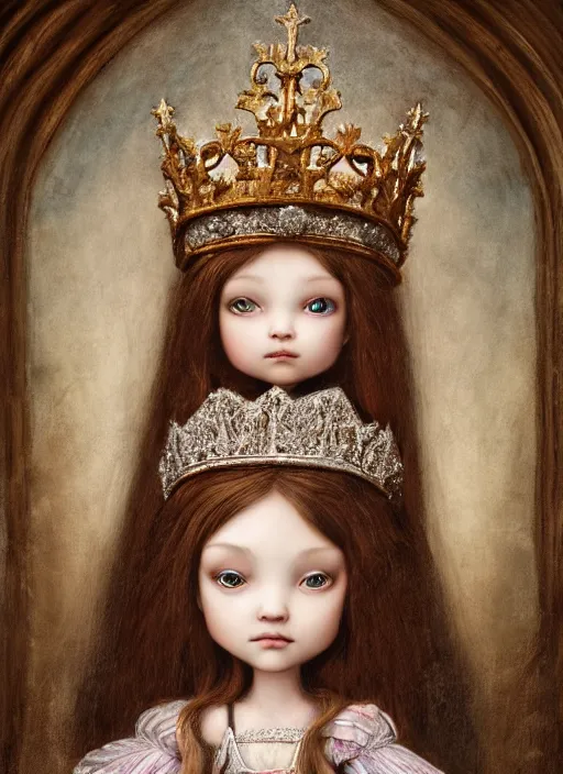 Image similar to highly detailed closeup portrait of a medieval princess wearing a crown and sitting on a throne, nicoletta ceccoli, mark ryden, lostfish, global illumination, god rays, detailed and intricate environment