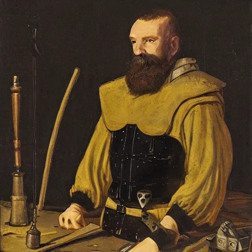 Image similar to Portrait of frustrated and acerbic male medieval sergeant with a short beard wearing a {black and yellow tabard} over a steel breastplate and a black gambeson with his hands planted on a table with a war theater map, by Greg Rutkowski, {perfect face}, {perfect eyes}, {hands planted on war table while standing}, fantasy