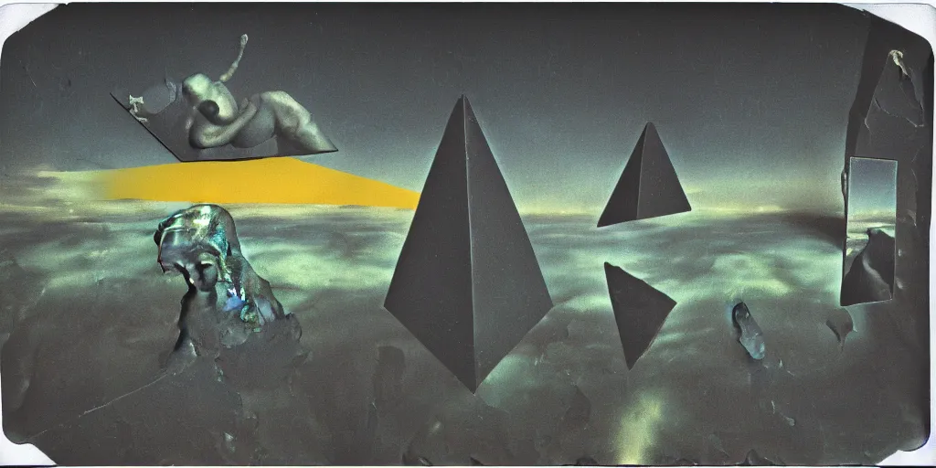 Prompt: salvador dali. magritte. hazy polaroid collage. black pyramids made of metal, concrete, and slime falling from the sky. dark ooze as figure, bright colored collage as ground. pov photos from the apocalypse. 4 0 0 0 iso. dali. magritte. images of ancient celestial pyramids that you are not supposed to see. collage