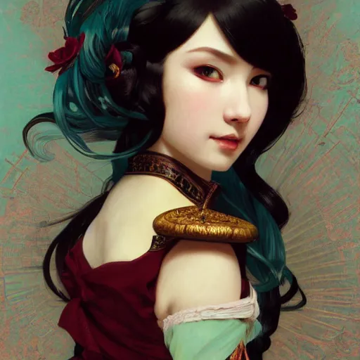 Prompt: a beautiful portrait of hatsune miku with long black and deep red colored hair dressed as a 1 0 th century european noblewoman, intricate, elegant, highly detailed, digital painting, artstation, concept art, matte, sharp focus, illustration, art by greg rutkowski and alphonse mucha