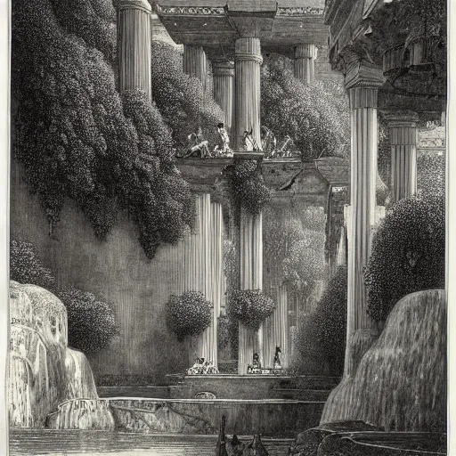 Image similar to the hanging gardens of babylon, gustave dore lithography