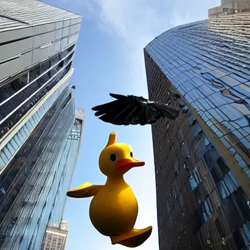 Prompt: a giant duck doll falling from an skyscraper