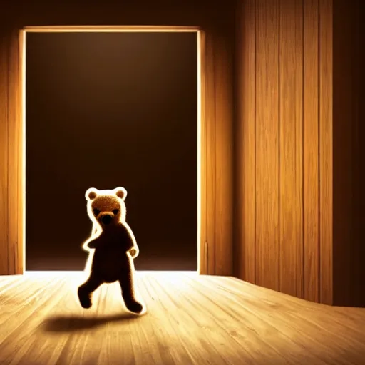 Image similar to dark photograph of a small bear character with a spotlight focused on him walking through a large wooden doorway