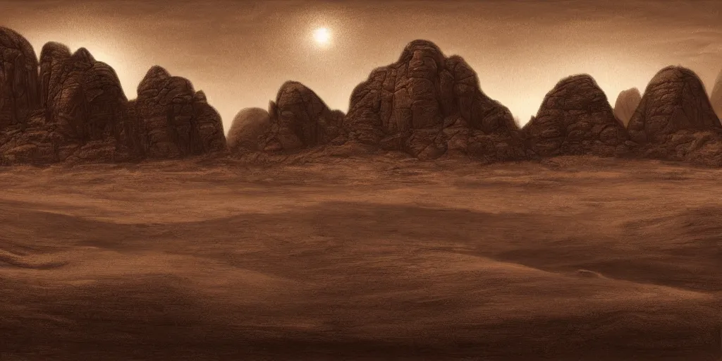 Image similar to a realistic sepia - toned photorealistic painting of wadi rum at night, dark, brooding, atmospheric, lovecraft