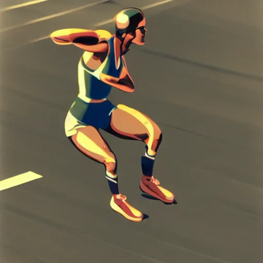 Prompt: Female athlete sprinter in a race with cyborg legs while the audience cheers, vintage footage, 1980's, cinematic stillframe, diesel punk, art deco stadium, artstation, otomo manga, akira