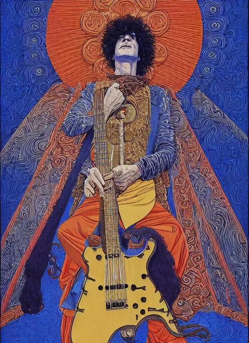 Image similar to an awesome jean giraud graphic art of pat metheny in the style of a renaissance masters portrait, mystical and new age symbolism and tibetan book of the dead imagery, intricately detailed, 4 k