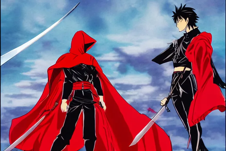 Image similar to a twin blade muscular swordsman, red and black cape and hoodie, scary, intimidating, worn out clothes, torn clothes, as a manga by Hirohiko Araki