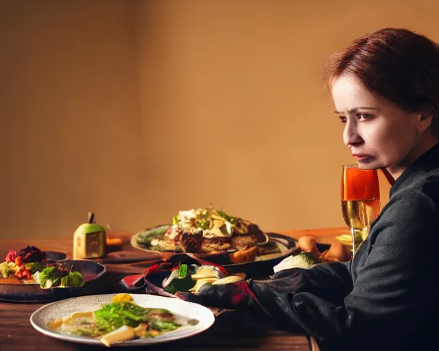 Prompt: a russian woman sitting at a table with a plate of food in dark warm light, a character portrait by nadya rusheva, featured on cg society, neo - fauvism, movie still, 8 k, fauvism, cinestill, bokeh