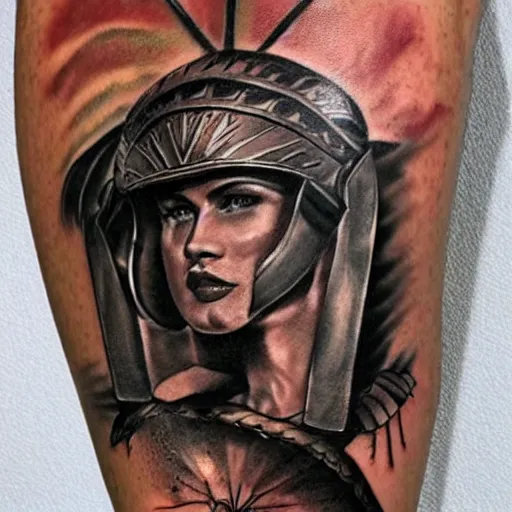 Image similar to A gladiator wearing a thracian helmet, tattoo, tattoo art, Black and grey tattoo style