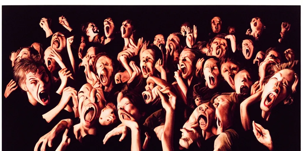 Image similar to full body portrait of people screaming with demons terror fear joy love life light golden hour 1 2 0 mm film highly detailed sharp zeiss lens 1. 8 high contrast chiaroscuro detailed photograph by gottfried helnwein ryan mcginley robert mapplethorpe david armstrong david wojnarowicz