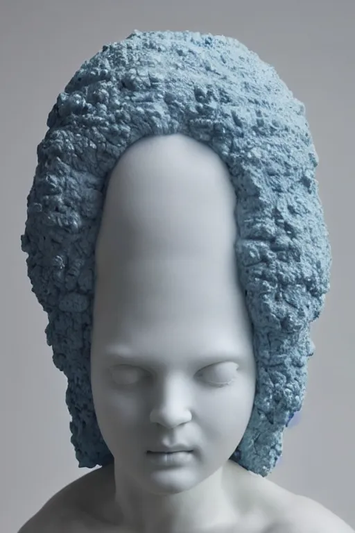 Image similar to full head and shoulders, beautiful female porcelain sculpture by daniel arsham and raoul marks, smooth, all white features on a white background, delicate facial features, white eyes, white lashes, detailed white, lots of real blue hair in a winding hairstyle on the head