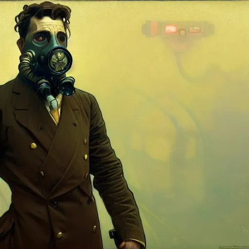 Image similar to portrait of a vicotrian man in suit wearing a gas mask by darek zabrocki, alphonse mucha, simon stalenhag and cinematic and atmospheric, concept art, artstation, trending on artstation