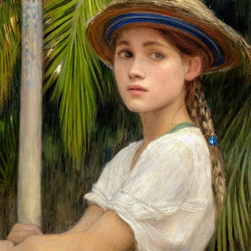 Image similar to a ultradetailed beautiful painting of a girl in the amazonas palace balustrade designed by jules bastien - lepage, hans belmer, frank weston and gustave baumann, beach, trending on artstation, mediterranean, palm trees, detailed face, sharp focus, soft light, 8 k 4 k