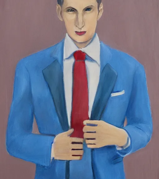 Prompt: skinny pale man with short hair combed backwards, wearing a blue suit and a red tie, holding a suitcase in one hand. dark background, rim lighting. symmetric, realistic painting