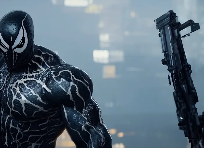 Image similar to venom fused with deadshot, ultra realistic 4 k unreal engine very cinematic render with ray tracing bloom ambient occlusion strong reflections
