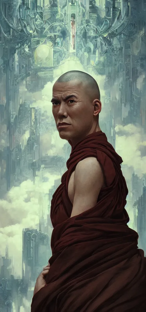 Prompt: ultra realistic illustration, buddhist monk, cyberpunk, sci-fi, fantasy, intricate, elegant, highly detailed, digital painting, artstation, concept art, smooth, sharp focus, illustration, art by artgerm and greg rutkowski and alphonse mucha, rene magritte, surrealism