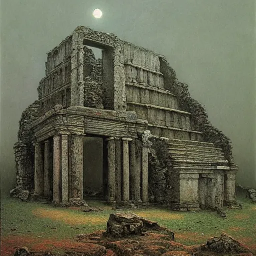 Prompt: Ancient ruined temple by Zdzislaw Beksinski