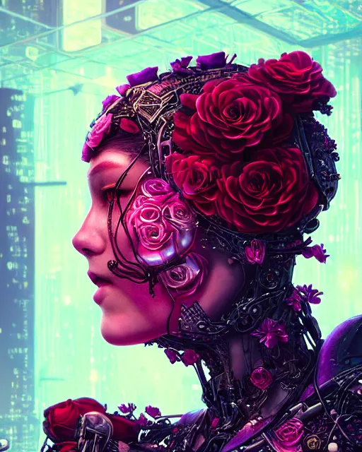 Image similar to portrait of a female face with roses instead of eyes, cyberpunk cyborg. roses, sci - fi, intricate abstract upper body intricate artwork, by tooth wu, wlop, beeple, dan mumford. concept art, octane render, deviantart, greg rutkowski, cinematic arthouse, key art, hyper realism, iridescent accents