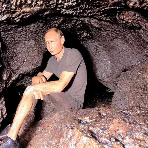 Prompt: photo inside a cavern of a wet reptilian humanoid putin partially hidden behind a rock