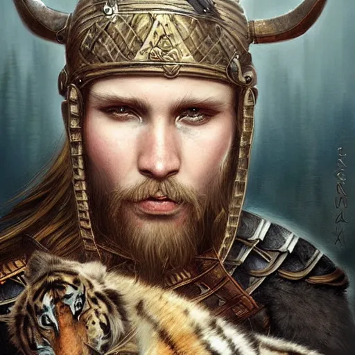 Prompt: By Tom Bagshaw, a very beautiful a viking warrior with his tiger, focus, realistic eyes looking at camera, golden ratio, ruins by night, award winning, unreal render